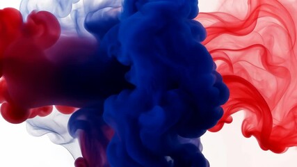 Poster - Colorful smoke swirls in shades of red and blue creating a dynamic artistic display on a white background