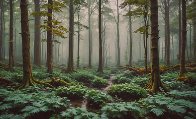 Poster - Forest with a stream running through it. The stream is surrounded by plants and trees. The forest is very green and lush
