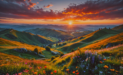 Poster - Beautiful landscape with a sunset in the background. The sun is setting behind the mountains. The sky is filled with clouds and the sun is shining brightly