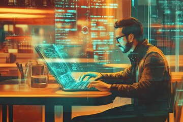 Person coding late, laptop glows, futuristic scene.