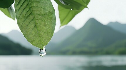 Wall Mural -   A drop of water on a green leaf over a serene pond surrounded by majestic mountains