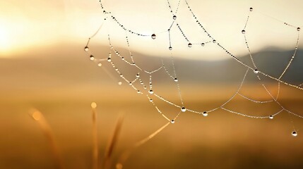 Wall Mural -   Spiderweb in sunlight, with droplets