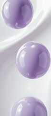 Poster - Three glossy purple spheres are floating on a white wavy background, creating a visually appealing abstract composition with a sense of motion and elegance