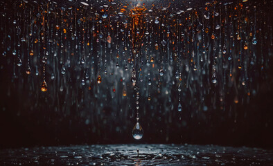 Poster - Large drop of water is hanging from the ceiling. There are many other drops of water in the air