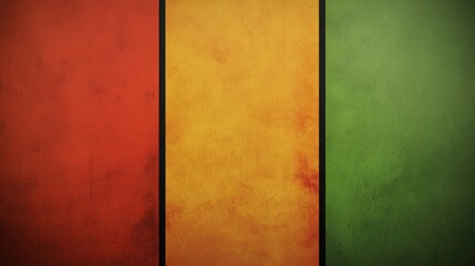 Poster - Three vertical stripes in red, gold, and green, separated by thin black lines, create a textured, grunge-style background with a vibrant and colorful aesthetic