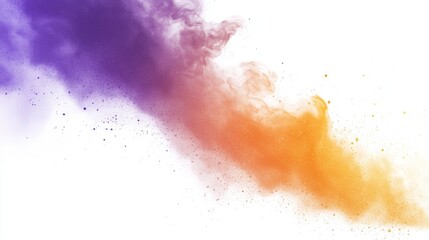 Poster - Purple and orange powder particles exploding creating a gradient on a white background, perfect for designs related to art, creativity, and vibrant colors
