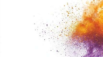 Poster - Orange and purple particles exploding against a white background create a vibrant, dynamic abstract composition, radiating energy and motion in a captivating display of color