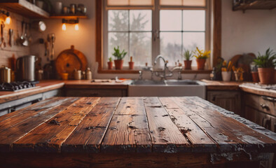 Poster - Wooden table with a sink in the background. There are potted plants on the table and a few on the counter