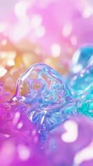 Poster - Transparent bubbles merge together, creating a colorful and dreamlike abstract background with a gradient of pink, purple, blue, and gold hues