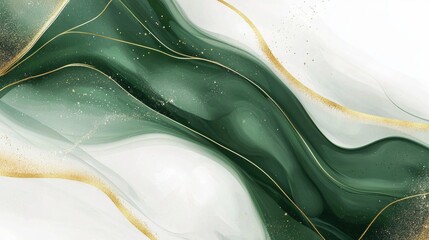 Poster - Flowing green and gold abstract background resembling luxurious marble, featuring shimmering glitter and smooth textures, perfect for creating elegant and stylish designs