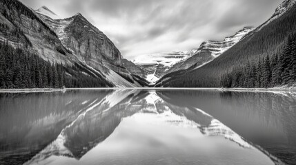 Poster - Majestic mountain landscape reflected in a serene lake, AI