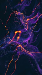 Poster - Dynamic energy flow is visualized with vibrant purple and orange streams of light against a dark background, creating a mesmerizing abstract composition