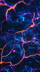 Poster - Orange and purple plasma filaments are branching out, creating a complex network on a vibrant blue energy field, resembling a futuristic neural network or energy flow