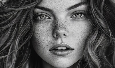 Wall Mural - A striking black-and-white close-up portrait of a woman with wavy, flowing hair, capturing her intense gaze and soft features.