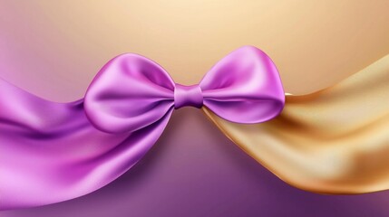 Poster - Purple bow connecting two elegant satin ribbons of different colors creating a sophisticated and festive atmosphere on a smooth gradient background