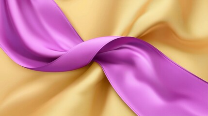 Poster - Vibrant purple ribbon gracefully crosses a luxurious gold silk background, creating an elegant and visually appealing design with swirling folds and smooth textures