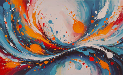 Poster - Painting with a blue and orange swirl. The swirl is made up of many different colors. There are also some yellow spots in the painting
