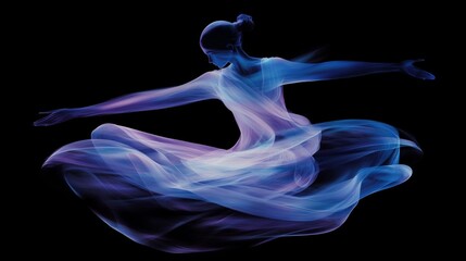 Poster - Graceful dancer performing with a flowing ethereal dress in vibrant neon colors against a dark background, creating a mesmerizing visual spectacle