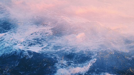 Poster - Sparkling ocean waves reflecting soft pink hues of a sunset, creating a magical and serene seascape filled with tranquil beauty and a dreamy atmosphere