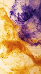 Poster - Yellow and purple ink is swirling together against a white background, creating a mesmerizing abstract visual with intricate patterns and textures