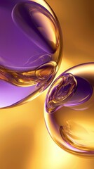 Poster - Two glossy spheres, one purple and one gold, merge together, their surfaces reflecting and refracting light in a mesmerizing abstract design