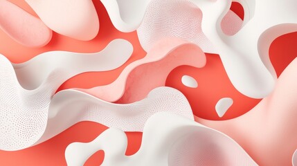 Poster - Smooth, undulating shapes in coral and white intertwine and flow together on a coral background, creating a seamless and visually appealing abstract composition