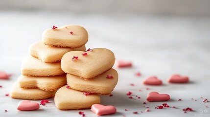 Wall Mural -   A white table with heart-shaped cookies stacked on top, decorated with pink and red sprinkles