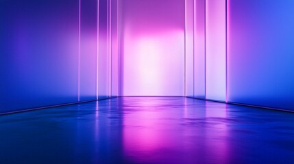Poster - Empty room is illuminated by glowing neon lights, casting vibrant purple and blue reflections on the polished floor, creating a futuristic and atmospheric space