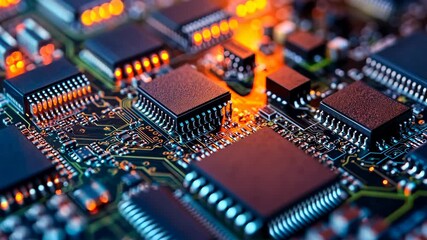 Poster - Close-up view of microchips on a circuit board illuminated by ambient light