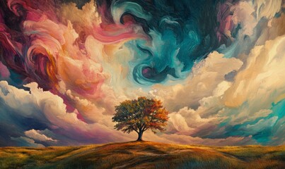 Canvas Print - A surreal and colorful landscape painting with a lone tree under a swirling sky of vibrant hues.