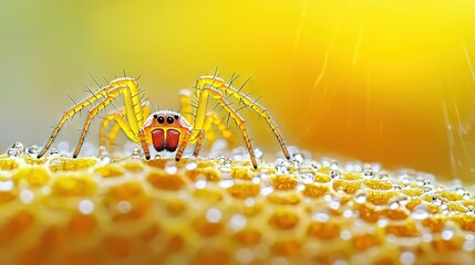 Wall Mural -   Yellow spider on yellow flower with water drops on its back legs
