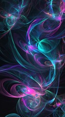 Poster - Pink, blue and turquoise swirls intertwining on a black background create a magical and ethereal atmosphere, perfect for projects related to fantasy, dreams, or abstract art