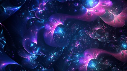 Poster - Pink and blue glowing shapes swirling and intertwining on a dark background create an abstract and otherworldly scene, perfect for digital art, backgrounds, and fantasy themes