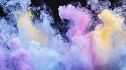 Poster - Pastel-colored smoke is creating abstract shapes against a black background, forming a mesmerizing and ethereal scene with beautiful color gradients