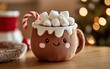© Sergey Fedchenko - Cocoa Mug Plush Toy A cozy plush toy shaped like a mug of hot cocoa, with soft brown fabric, white plush marshmallows on top, and a stitched candy cane handle.