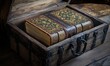 © Galina - An ancient, ornately decorated book resting inside a wooden chest, evoking a sense of mystery and history