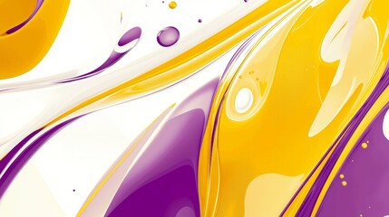 Poster - Yellow and purple paint blending together, forming a captivating abstract pattern filled with swirling shapes and floating bubbles against a bright white background