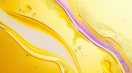 Poster - Yellow and purple liquids intertwine, forming mesmerizing swirls and bubbles in an abstract composition, creating a visually appealing texture with contrasting colors and dynamic movement