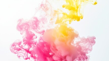 Poster - Pink and yellow ink swirling together, creating abstract shapes and a gradient effect against a clean white background, perfect for artistic and creative projects