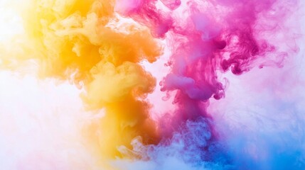 Poster - Yellow, pink, and blue ink clouds are blending in water, creating abstract shapes with a mesmerizing and vibrant effect, perfect for backgrounds and artistic projects