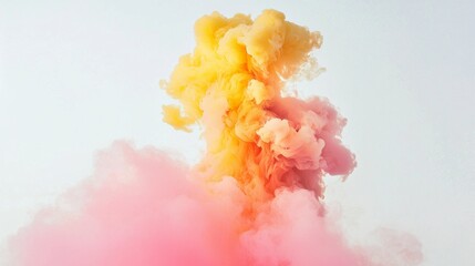 Poster - Colorful ink clouds are swirling and mixing in water, creating a mesmerizing abstract visual with vibrant hues of pink and yellow against a light background