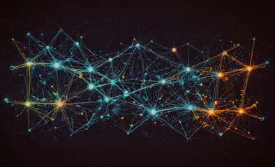 Poster - Series of lines and dots that are connected to each other. The lines are orange and blue