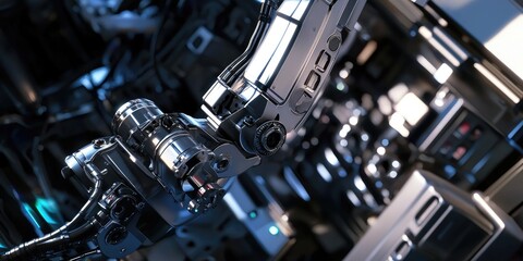Poster - A close-up of a machine arm in a manufacturing setting, controlled by an advanced automation system, demonstrating the precision and power of automation in production.
