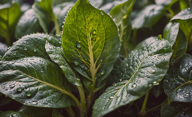 Poster - Leafy green plant with droplets of water on it. The leaves are wet and shiny