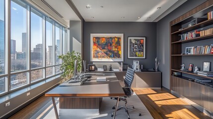 Wall Mural - Spacious home office with city views and a blank canvas wall for creativity. 