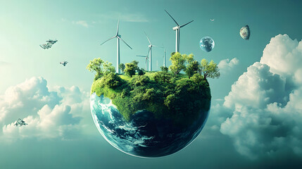 Wall Mural - Ecofriendly planet with wind turbines, greenery,