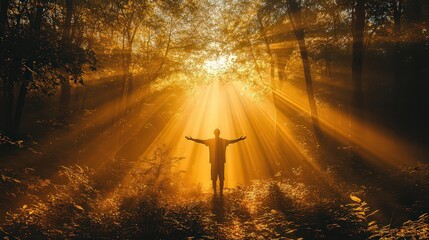 Wall Mural - tranquil forest bathed in golden sunlight with a lone figure standing arms open, embracing nature's 