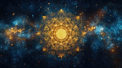 Wall Mural - golden mandala pattern intertwined with intricate symbols glows softly against gradient blues and pu