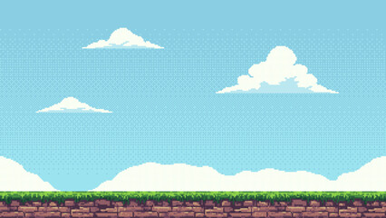 Aufkleber - pixel art retro game level, 8 bit 2d video game background, pixel template. Vector illustration