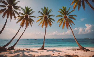 Poster - Palm tree is on the beach next to the ocean. There are three palm trees in the image